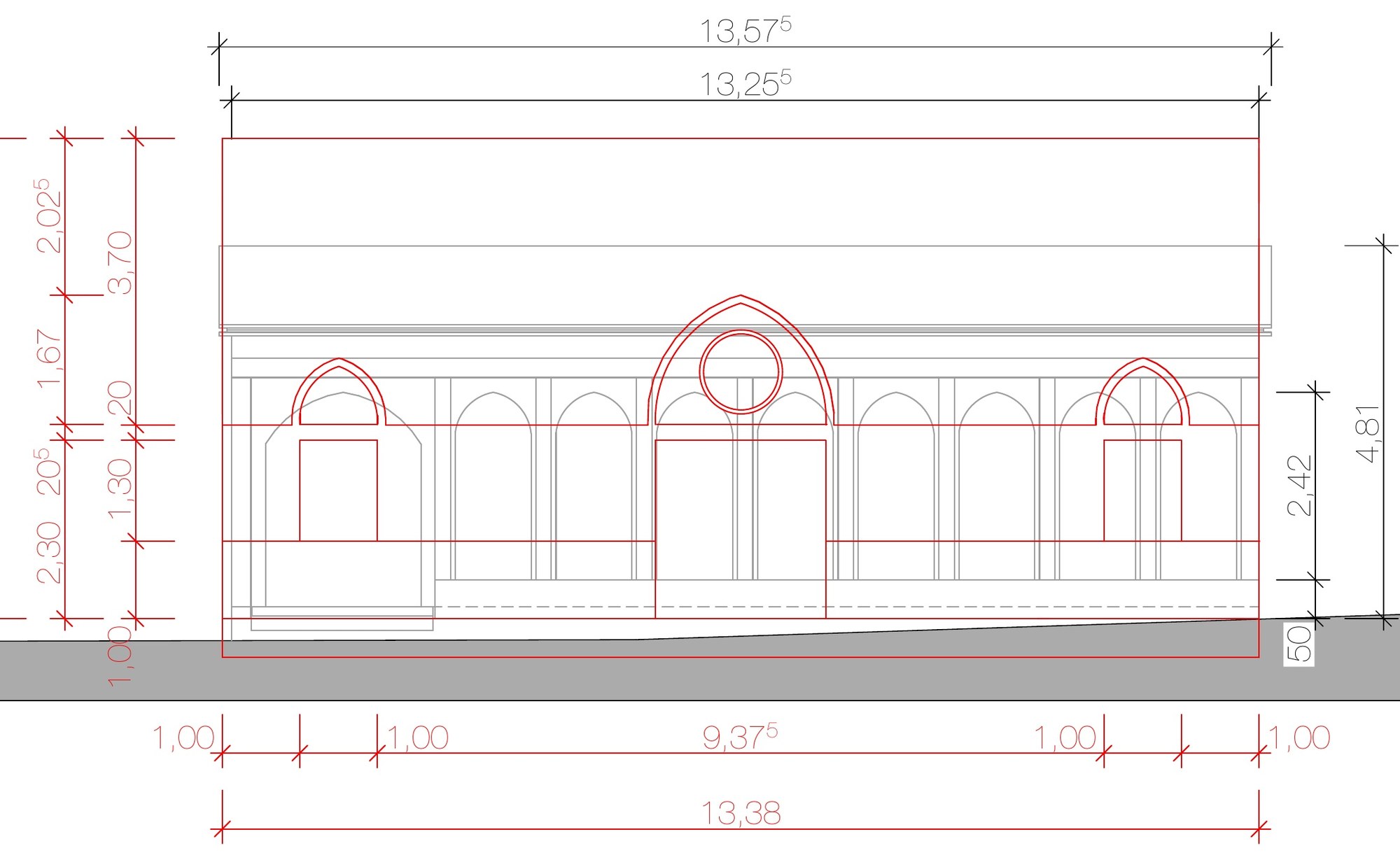 Südansicht der Grabstätte am Koptischen Kloster Kröffelbach 1:100: 13,38 m lange Fassade mit Blendarkaden aus Spitzbögen, mittigem Portal und Rundfenster.