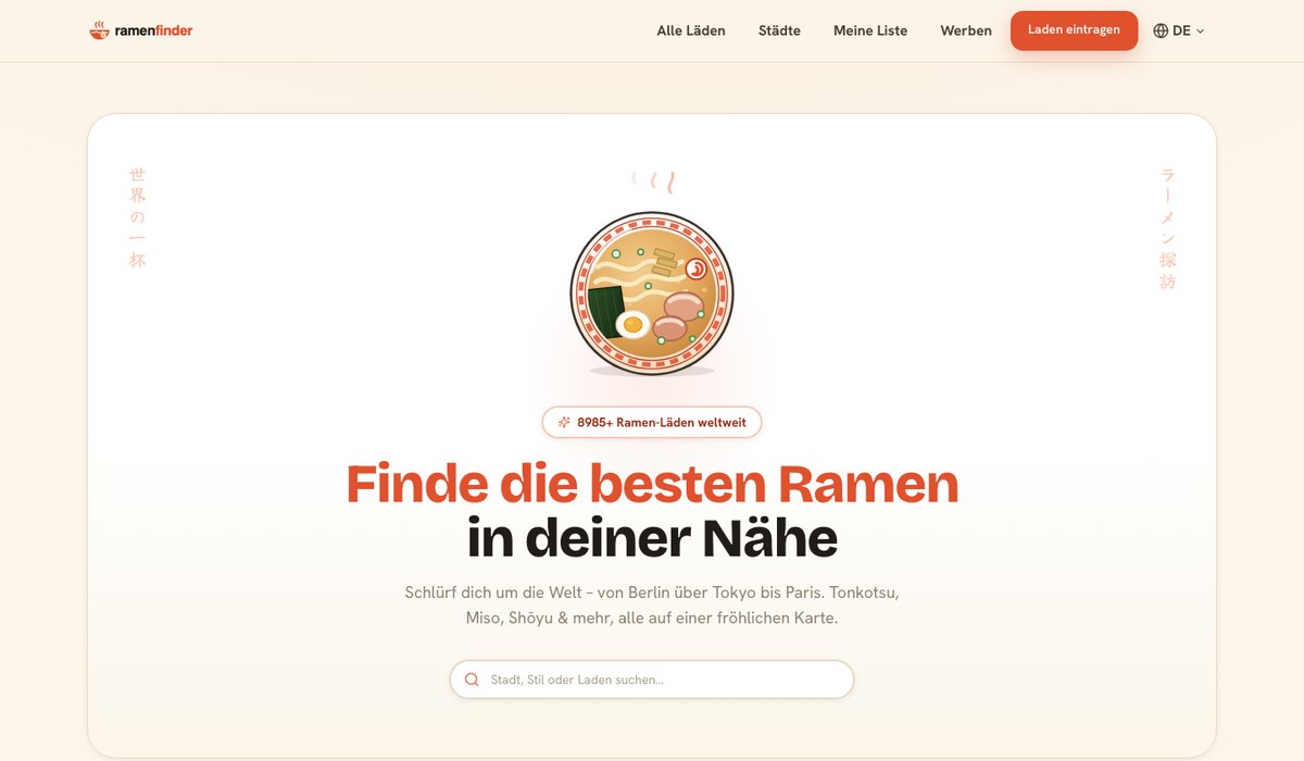 Startseite von ramenfinder.de mit illustrierter Ramen-Schüssel und Suchfeld.